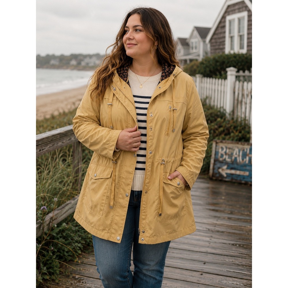 Coastal Boho Yellow Hooded Leopard Drawstring Waist Snaps Zipper 1X Raincoat